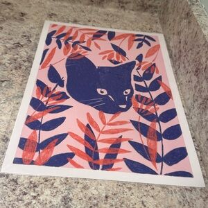 Floral Cat Art Print - Pink and Blue